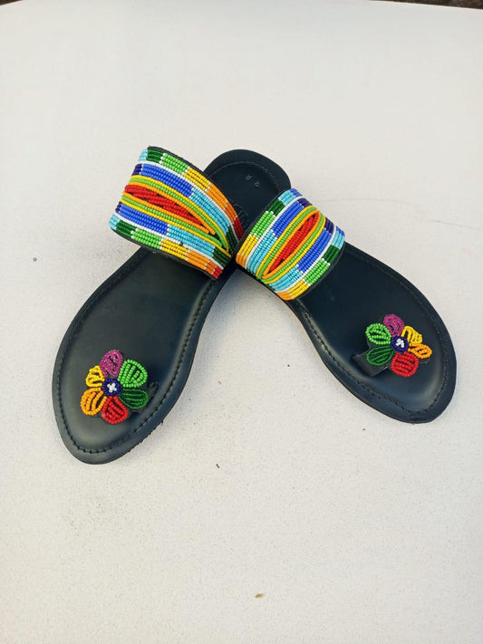 Handmade African Beaded Sandals/Authentic Maasai-Style Leather Flip-Flops Women/Boho Beach Sandals/Comfortable Summer Sandal African Gifts