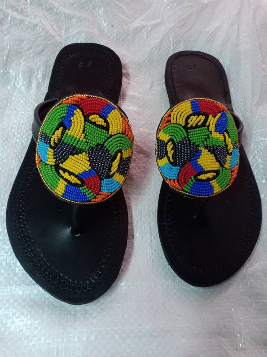 Handmade African Beaded Sandals/Authentic Maasai-Style Leather Flip-Flops Women/Boho Beach Sandals/Comfortable Summer Sandal African Gifts