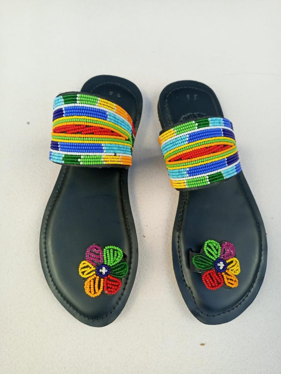 Handmade African Beaded Sandals/Authentic Maasai-Style Leather Flip-Flops Women/Boho Beach Sandals/Comfortable Summer Sandal African Gifts