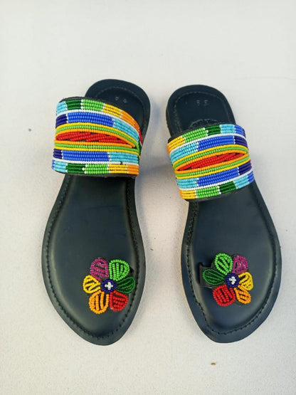 Handmade African Beaded Sandals/Authentic Maasai-Style Leather Flip-Flops Women/Boho Beach Sandals/Comfortable Summer Sandal African Gifts