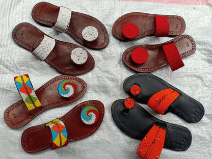 Handmade African Beaded Sandals/Authentic Maasai-Style Leather Flip-Flops Women/Boho Beach Sandals/Comfortable Summer Sandal African Gifts