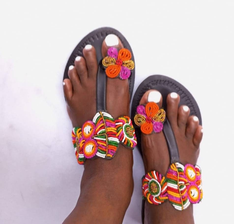Handmade African Beaded Sandals/Authentic Maasai-Style Leather Flip-Flops Women/Boho Beach Sandals/Comfortable Summer Sandal African Gifts