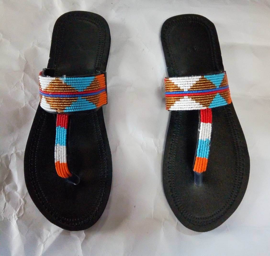 Handmade African Beaded Sandals/Authentic Maasai-Style Leather Flip-Flops Women/Boho Beach Sandals/Comfortable Summer Sandal African Gifts
