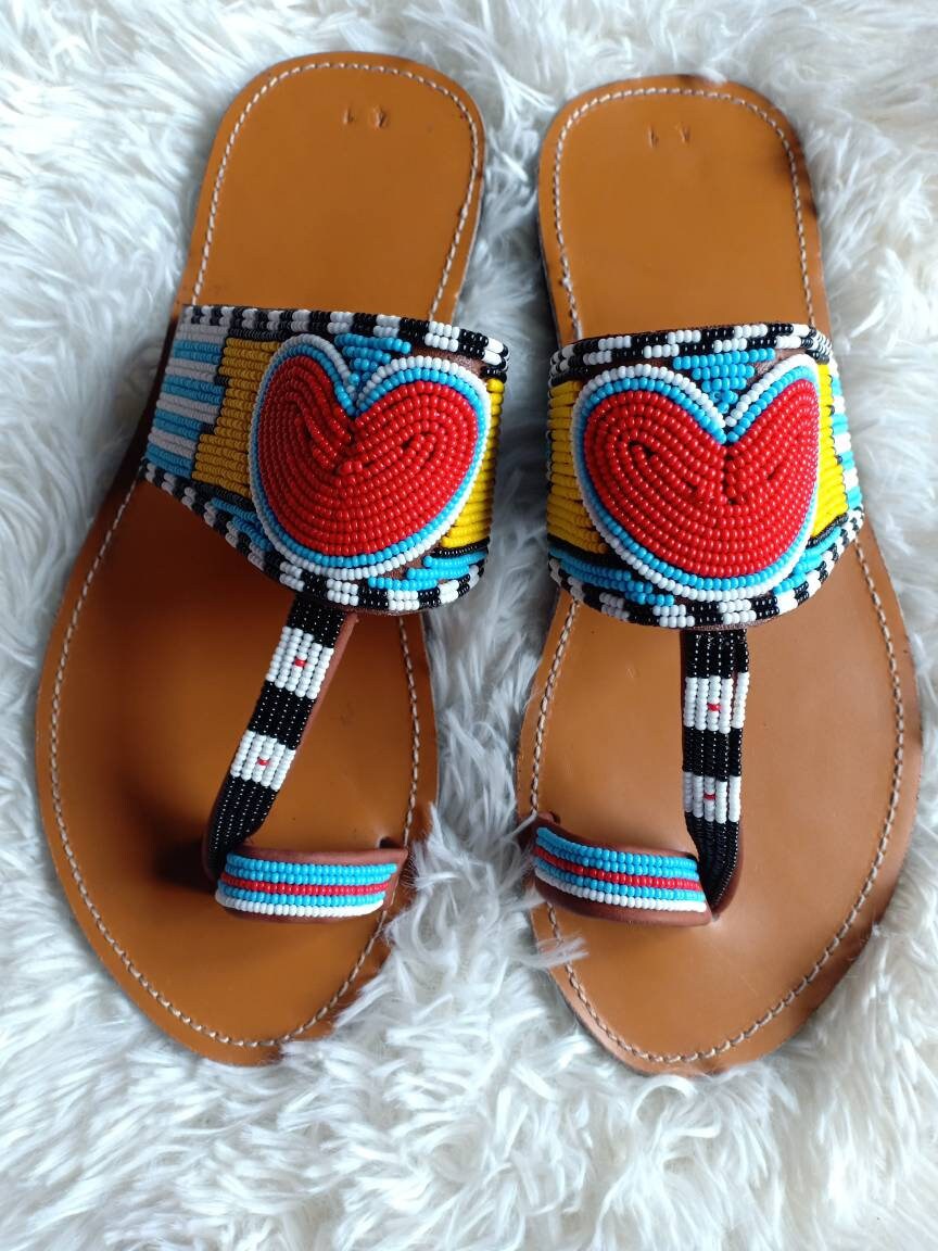 Handmade African Beaded Sandals/Authentic Maasai-Style Leather Flip-Flops Women/Boho Beach Sandals/Comfortable Summer Sandal African Gifts