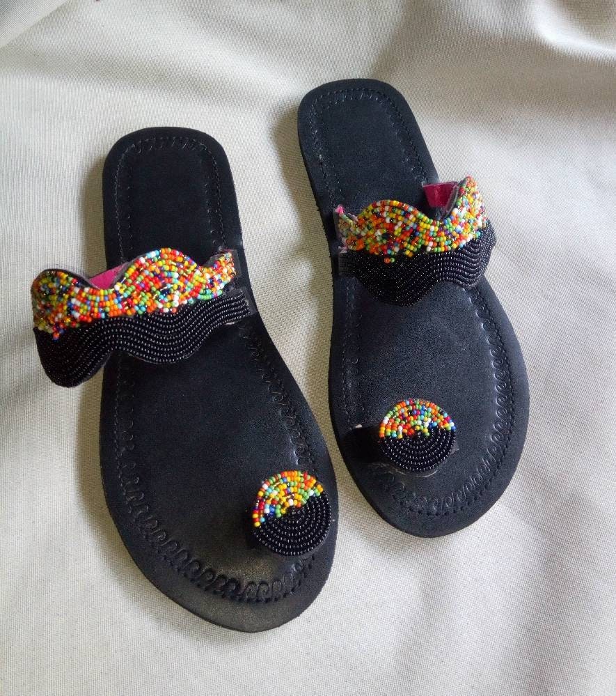Handmade African Beaded Sandals/Authentic Maasai-Style Leather Flip-Flops Women/Boho Beach Sandals/Comfortable Summer Sandal African Gifts