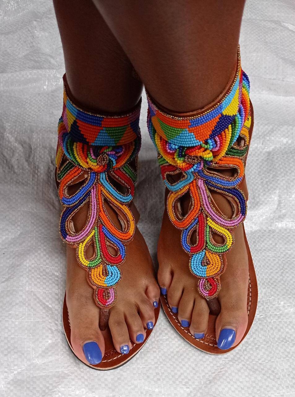 Handmade African Beaded Sandals/Authentic Maasai-Style Leather Flip-Flops Women/Boho Beach Sandals/Comfortable Summer Sandal African Gifts