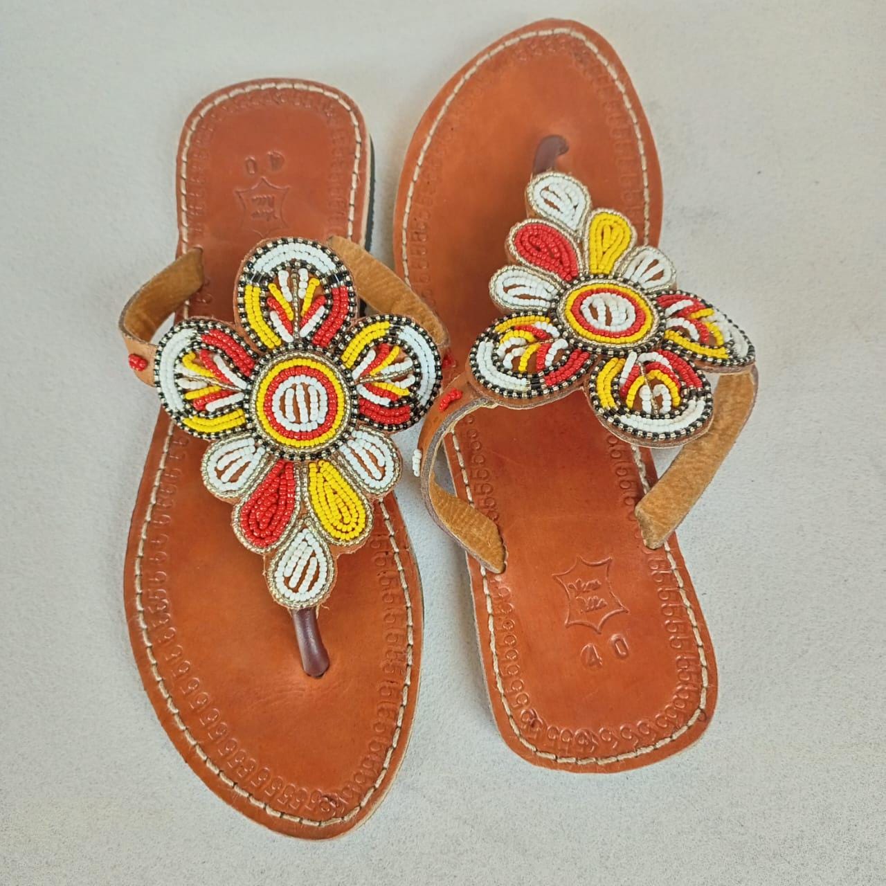 Handmade African Beaded Sandals/Authentic Maasai-Style Leather Flip-Flops Women/Boho Beach Sandals/Comfortable Summer Sandal African Gifts
