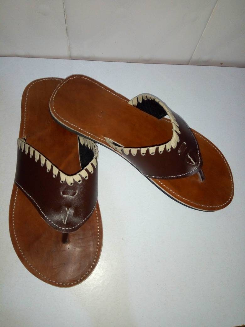 Handmade African Men's Sandals/Genuine Leather Beaded Flip-Flops/Comfortable Summer Sandals for Men/African Shoes/Unique Gift for Him