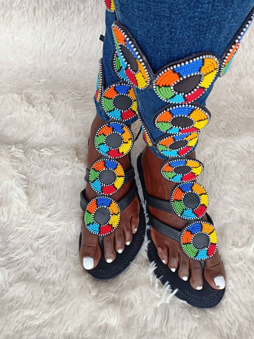Handmade African Beaded Sandals/Authentic Maasai-Style Leather Flip-Flops Women/Boho Beach Sandals/Comfortable Summer Sandal African Gifts