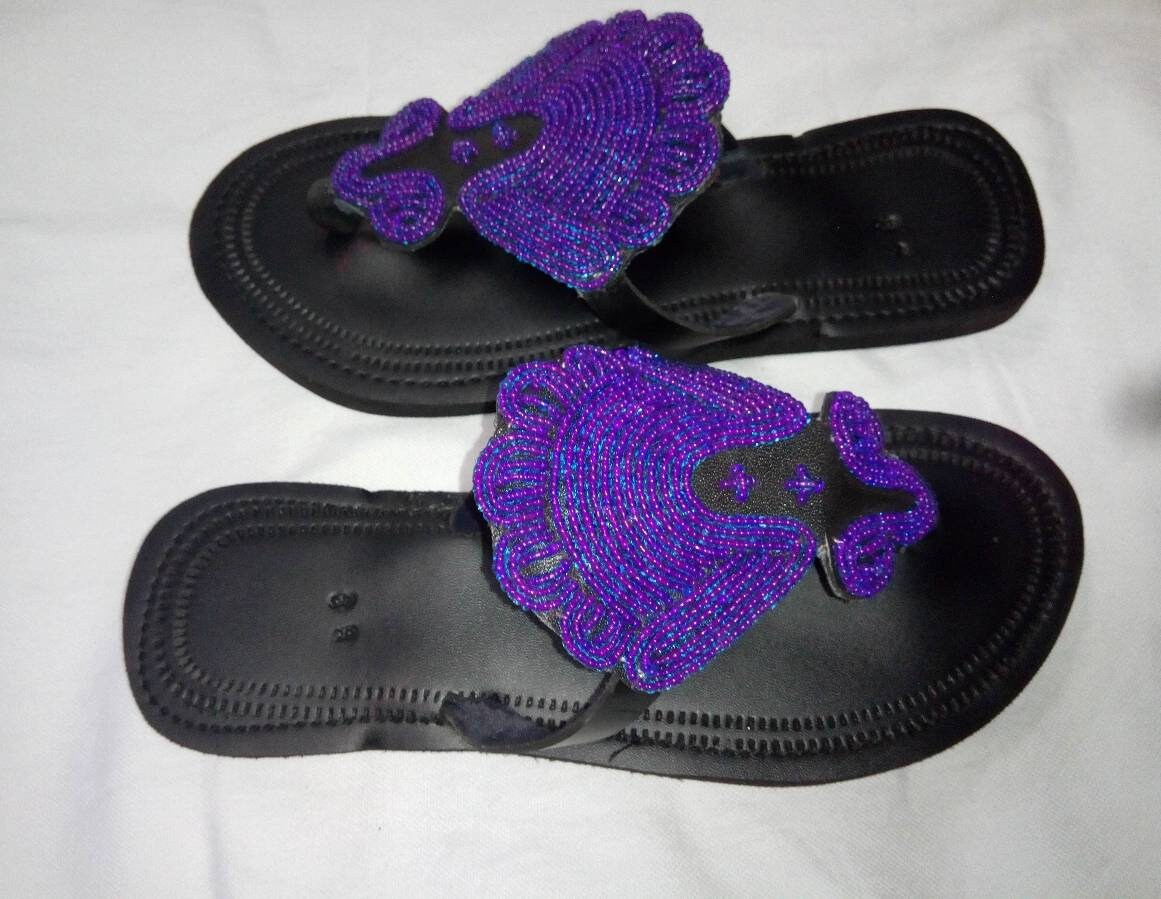 Handmade African Beaded Sandals/Authentic Maasai-Style Leather Flip-Flops Women/Boho Beach Sandals/Comfortable Summer Sandal African Gifts