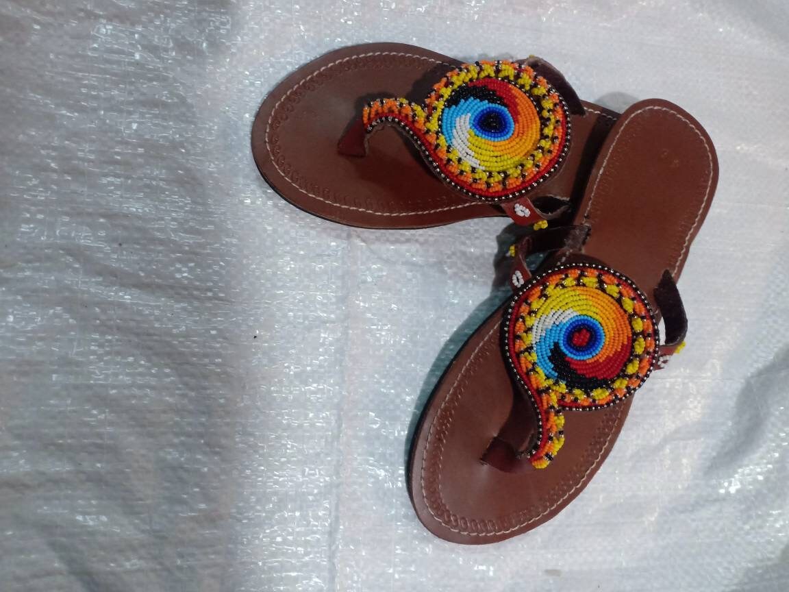 Handmade African Beaded Sandals/Authentic Maasai-Style Leather Flip-Flops Women/Boho Beach Sandals/Comfortable Summer Sandal African Gifts