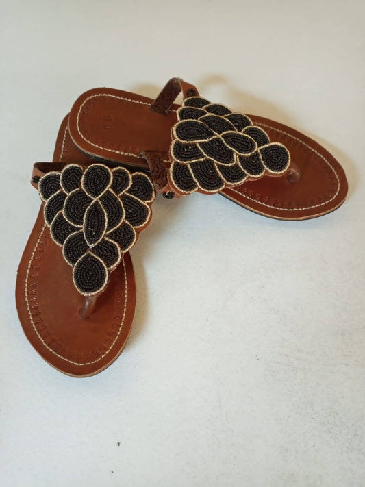 Handmade African Beaded Sandals/Authentic Maasai-Style Leather Flip-Flops Women/Boho Beach Sandals/Comfortable Summer Sandal African Gifts