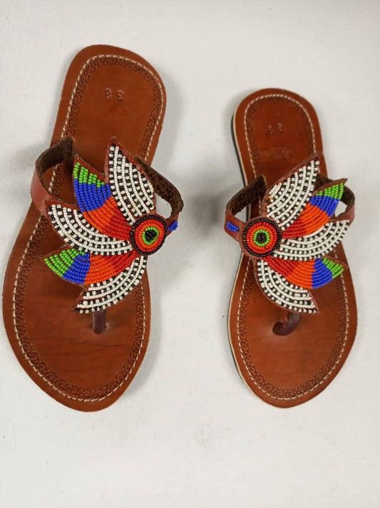 Handmade African Beaded Sandals/Authentic Maasai-Style Leather Flip-Flops Women/Boho Beach Sandals/Comfortable Summer Sandal African Gifts