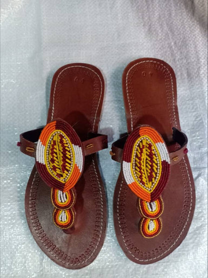 Handmade African Beaded Sandals/Authentic Maasai-Style Leather Flip-Flops Women/Boho Beach Sandals/Comfortable Summer Sandal African Gifts