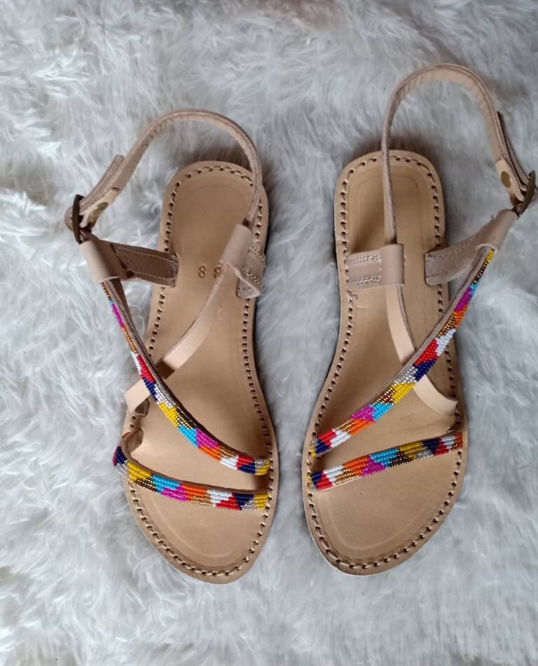 Handmade African Beaded Sandals/Authentic Maasai-Style Leather Flip-Flops Women/Boho Beach Sandals/Comfortable Summer Sandal African Gifts