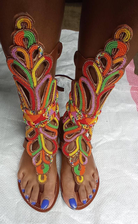 Handmade African Beaded Sandals/Authentic Maasai-Style Leather Flip-Flops Women/Boho Beach Sandals/Comfortable Summer Sandal African Gifts