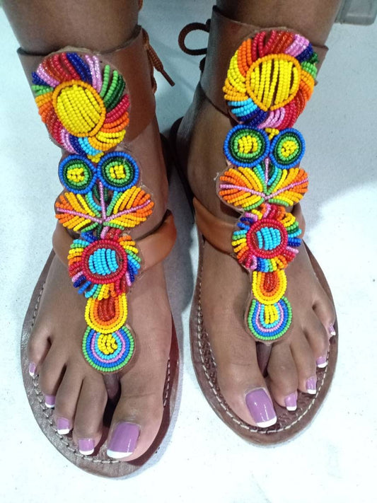 Handmade African Beaded Sandals/Authentic Maasai-Style Leather Flip-Flops Women/Boho Beach Sandals/Comfortable Summer Sandal African Gifts