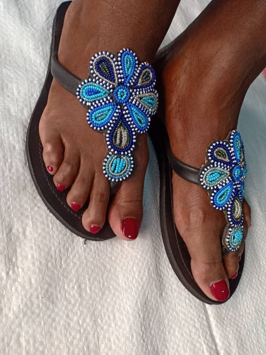 Handmade African Beaded Sandals/Authentic Maasai-Style Leather Flip-Flops Women/Boho Beach Sandals/Comfortable Summer Sandal African Gifts
