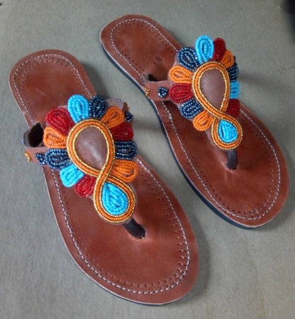 Handmade African Beaded Sandals/Authentic Maasai-Style Leather Flip-Flops Women/Boho Beach Sandals/Comfortable Summer Sandal African Gifts