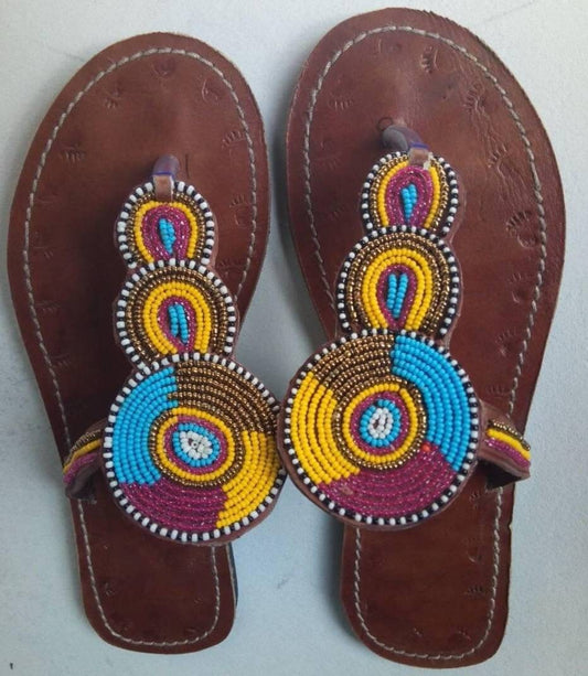 Handmade African Beaded Sandals/Authentic Maasai-Style Leather Flip-Flops Women/Boho Beach Sandals/Comfortable Summer Sandal African Gifts