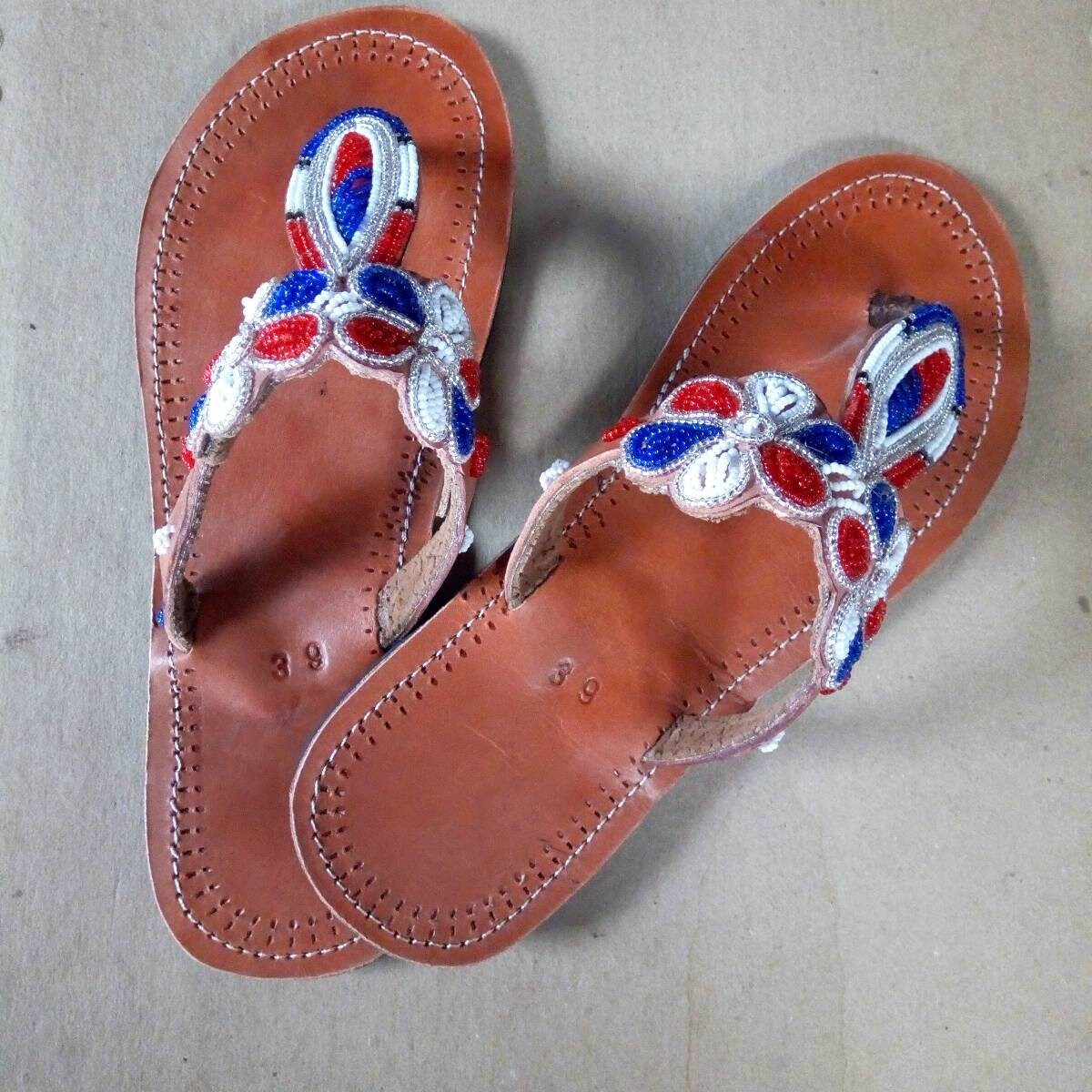 Handmade African Beaded Sandals/Authentic Maasai-Style Leather Flip-Flops Women/Boho Beach Sandals/Comfortable Summer Sandal African Gifts