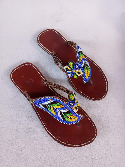 Handmade African Beaded Sandals/Authentic Maasai-Style Leather Flip-Flops Women/Boho Beach Sandals/Comfortable Summer Sandal African Gifts