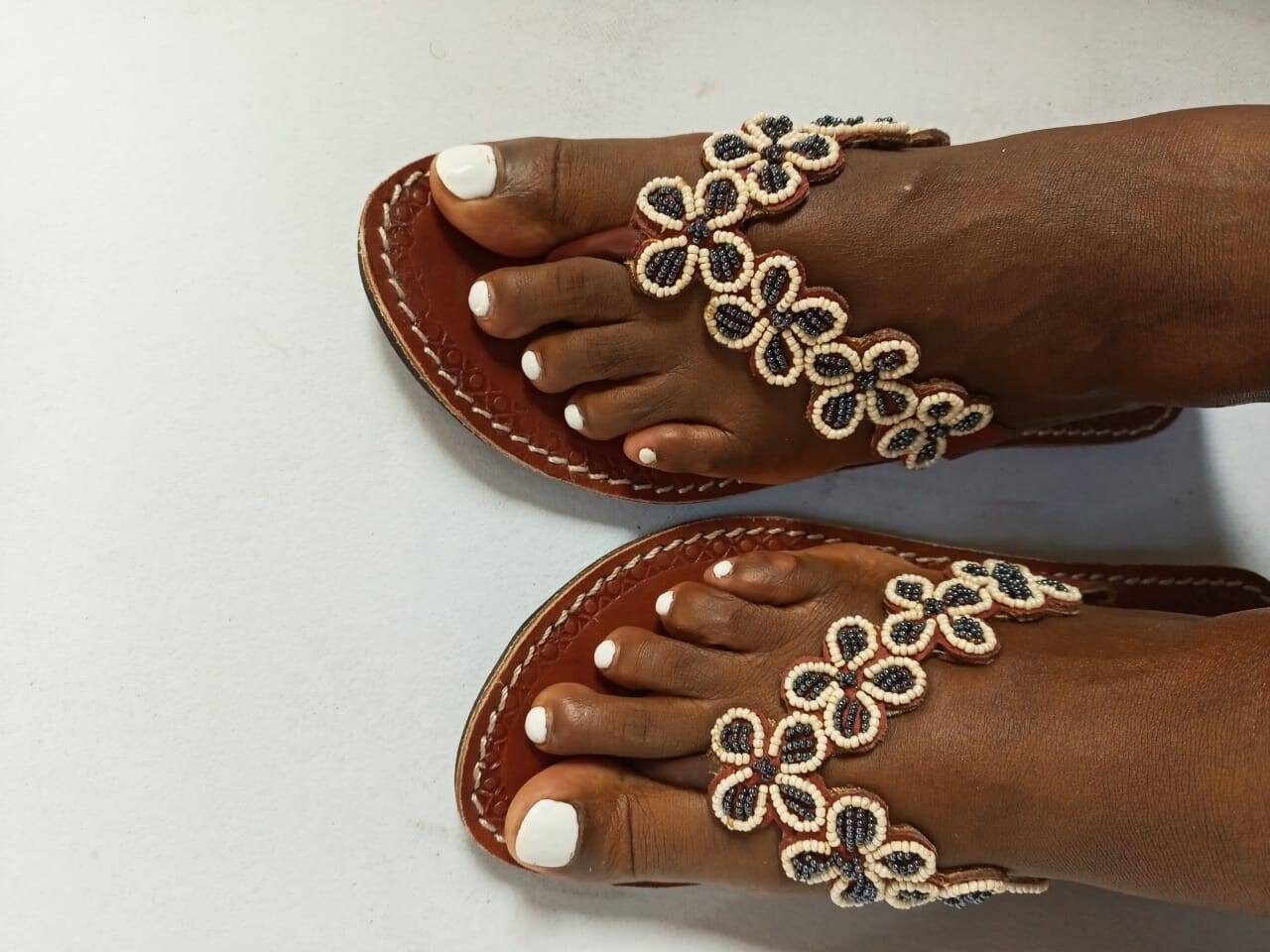 Handmade African Beaded Sandals/Authentic Maasai-Style Leather Flip-Flops Women/Boho Beach Sandals/Comfortable Summer Sandal African Gifts