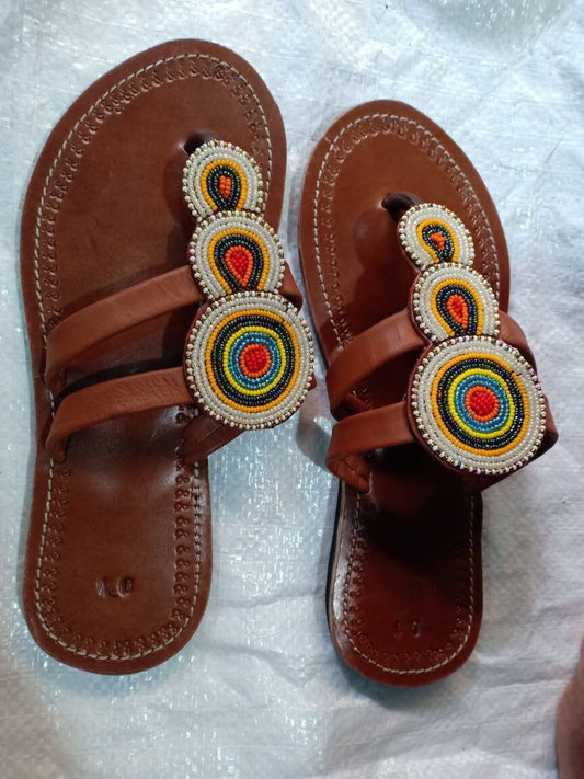 Handmade African Beaded Sandals/Authentic Maasai-Style Leather Flip-Flops Women/Boho Beach Sandals/Comfortable Summer Sandal African Gifts