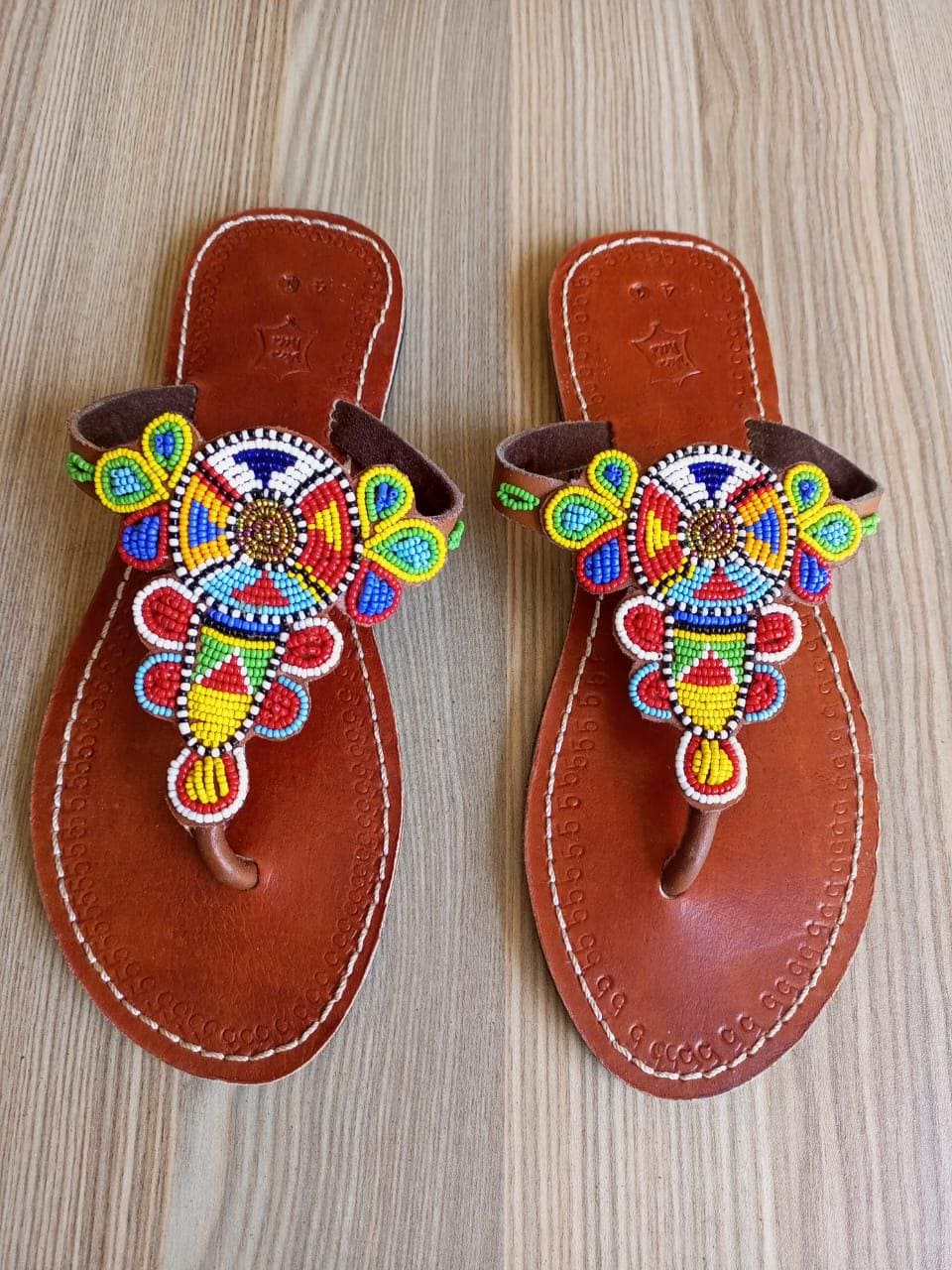 Handmade African Beaded Sandals/Authentic Maasai-Style Leather Flip-Flops Women/Boho Beach Sandals/Comfortable Summer Sandal African Gifts