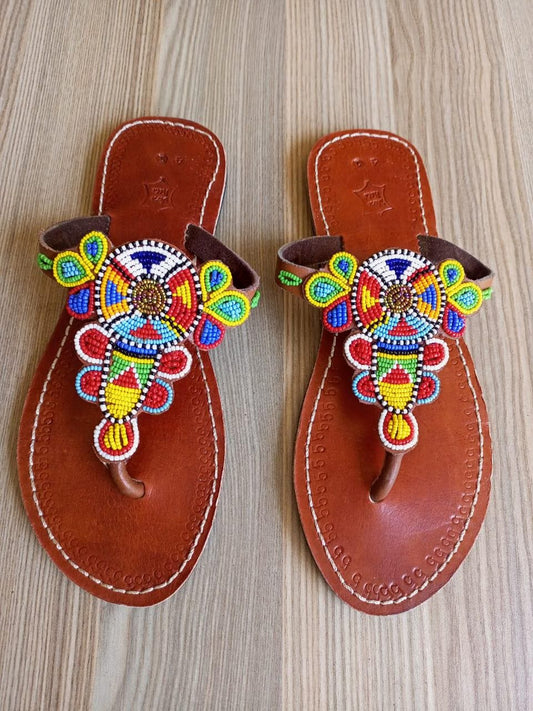 Handmade African Beaded Sandals/Authentic Maasai-Style Leather Flip-Flops Women/Boho Beach Sandals/Comfortable Summer Sandal African Gifts
