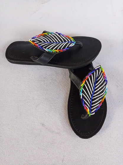 Handmade African Beaded Sandals/Authentic Maasai-Style Leather Flip-Flops Women/Boho Beach Sandals/Comfortable Summer Sandal African Gifts