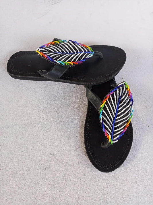 Handmade African Beaded Sandals/Authentic Maasai-Style Leather Flip-Flops Women/Boho Beach Sandals/Comfortable Summer Sandal African Gifts