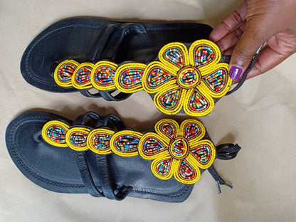 Handmade African Beaded Sandals/Authentic Maasai-Style Leather Flip-Flops Women/Boho Beach Sandals/Comfortable Summer Sandal African Gifts