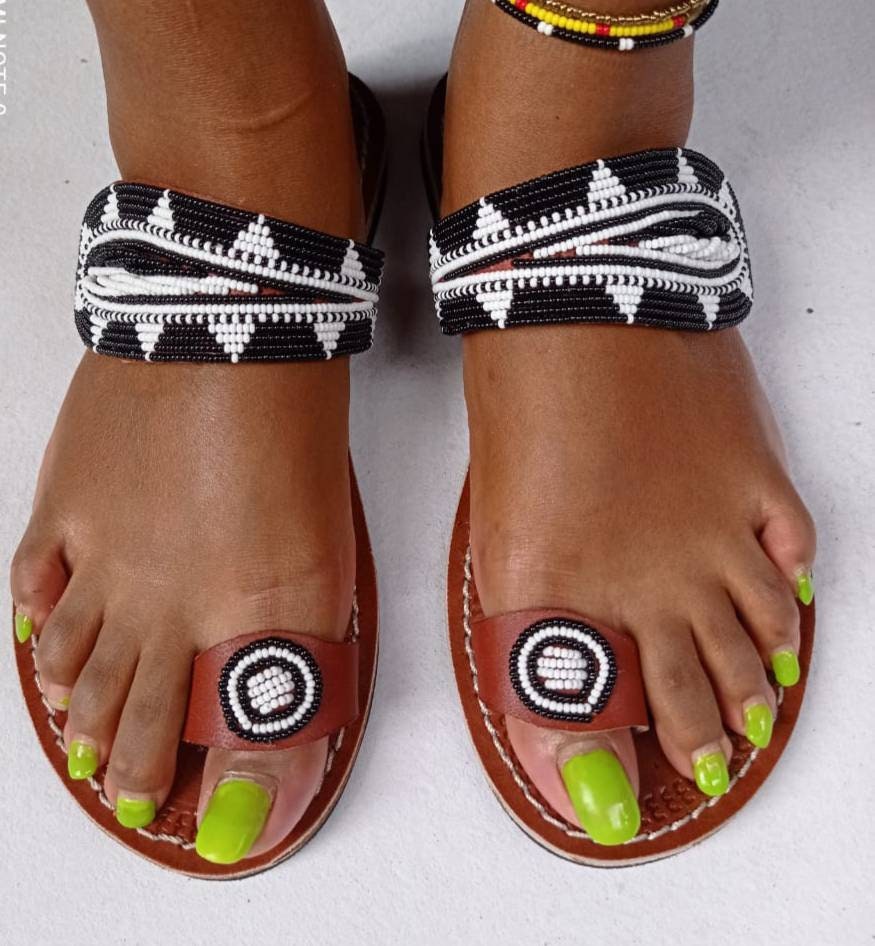 Handmade African Beaded Sandals/Authentic Maasai-Style Leather Flip-Flops Women/Boho Beach Sandals/Comfortable Summer Sandal African Gifts