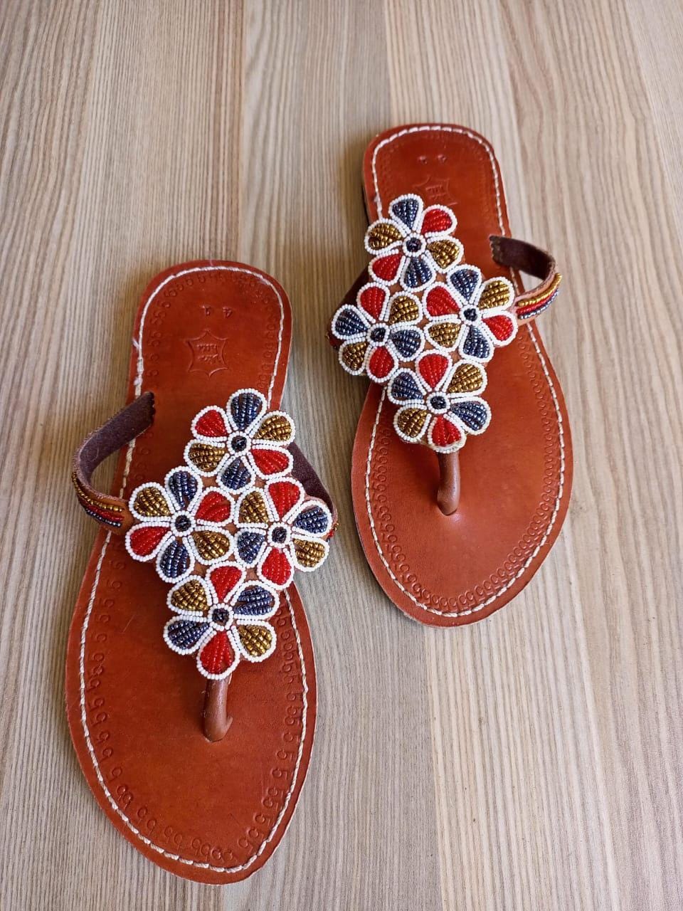 Handmade African Beaded Sandals/Authentic Maasai-Style Leather Flip-Flops Women/Boho Beach Sandals/Comfortable Summer Sandal African Gifts