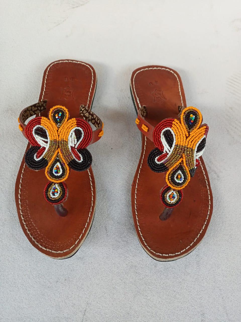 Handmade African Beaded Sandals/Authentic Maasai-Style Leather Flip-Flops Women/Boho Beach Sandals/Comfortable Summer Sandal African Gifts