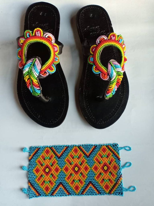 Handmade African Beaded Sandals/Authentic Maasai-Style Leather Flip-Flops Women/Boho Beach Sandals/Comfortable Summer Sandal African Gifts