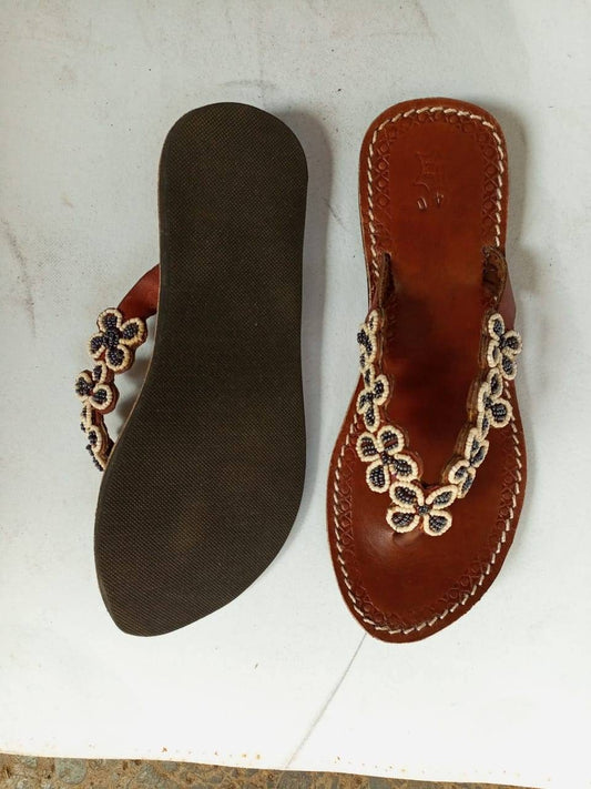 Handmade African Beaded Sandals/Authentic Maasai-Style Leather Flip-Flops Women/Boho Beach Sandals/Comfortable Summer Sandal African Gifts
