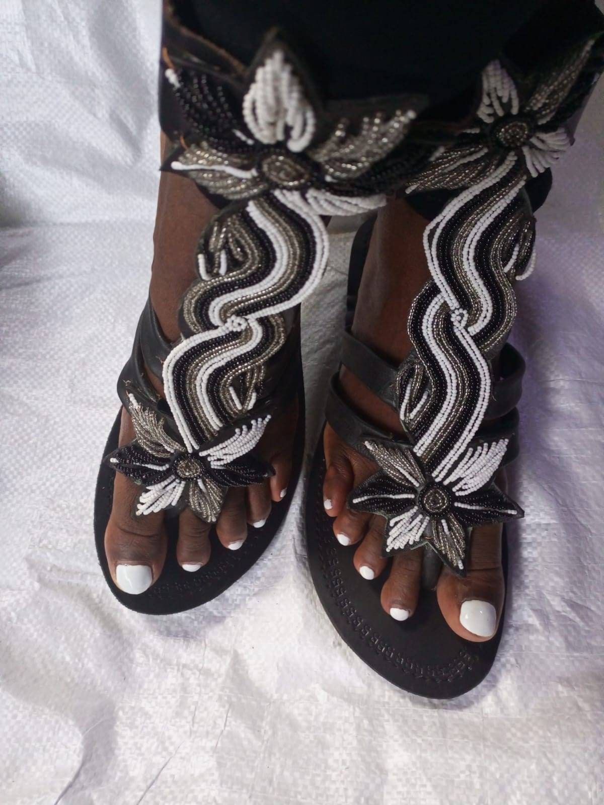 Handmade African Beaded Sandals/Authentic Maasai-Style Leather Flip-Flops Women/Boho Beach Sandals/Comfortable Summer Sandal African Gifts
