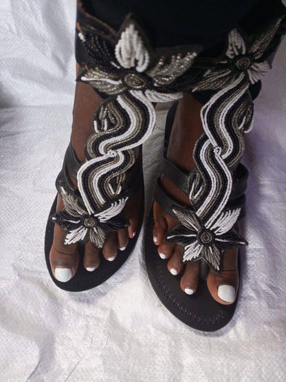 Handmade African Beaded Sandals/Authentic Maasai-Style Leather Flip-Flops Women/Boho Beach Sandals/Comfortable Summer Sandal African Gifts