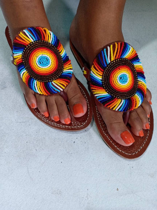 Handmade African Beaded Sandals/Authentic Maasai-Style Leather Flip-Flops Women/Boho Beach Sandals/Comfortable Summer Sandal African Gifts