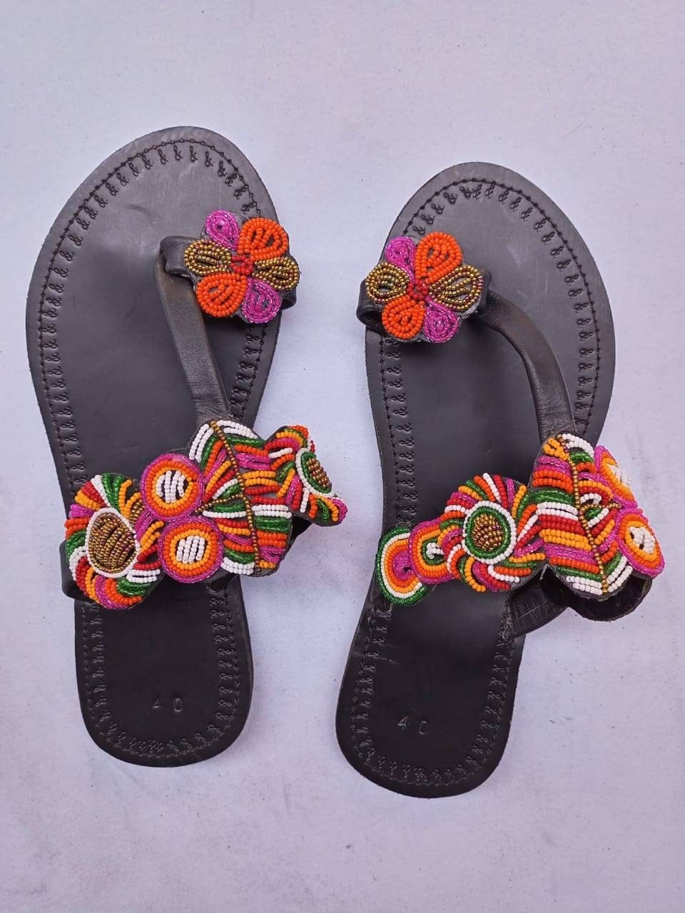 Handmade African Beaded Sandals/Authentic Maasai-Style Leather Flip-Flops Women/Boho Beach Sandals/Comfortable Summer Sandal African Gifts