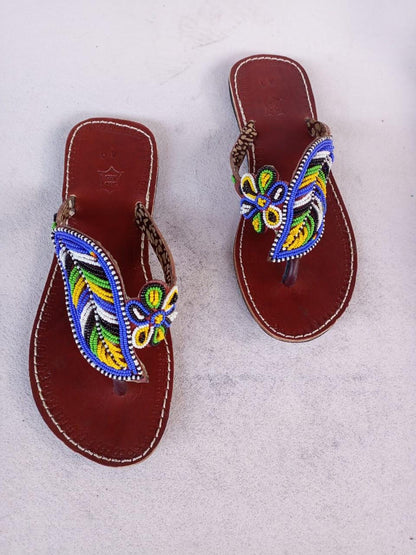 Handmade African Beaded Sandals/Authentic Maasai-Style Leather Flip-Flops Women/Boho Beach Sandals/Comfortable Summer Sandal African Gifts