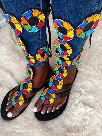 Handmade African Beaded Sandals/Authentic Maasai-Style Leather Flip-Flops Women/Boho Beach Sandals/Comfortable Summer Sandal African Gifts