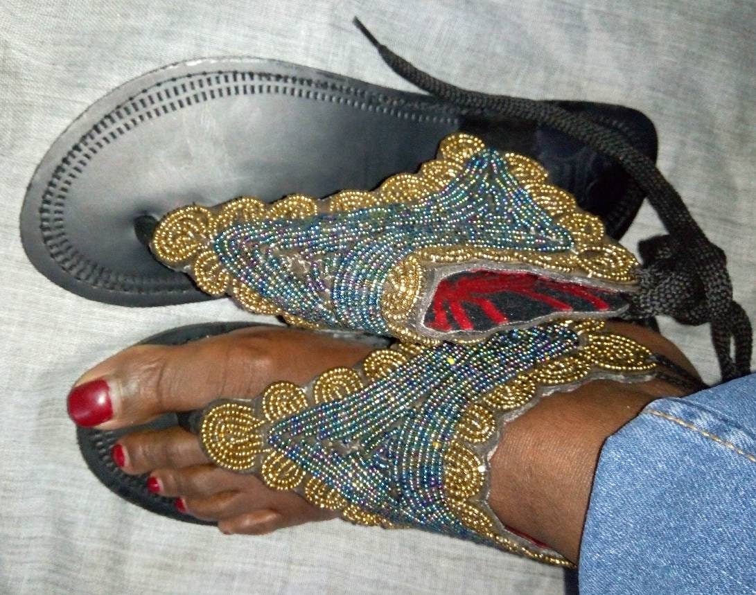 Handmade African Beaded Sandals/Authentic Maasai-Style Leather Flip-Flops Women/Boho Beach Sandals/Comfortable Summer Sandal African Gifts
