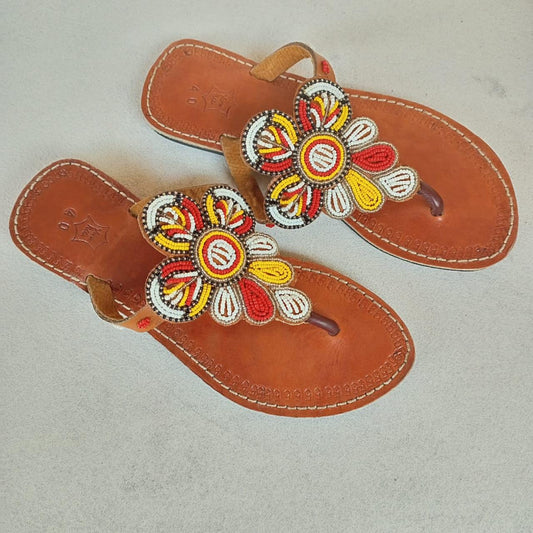 Handmade African Beaded Sandals/Authentic Maasai-Style Leather Flip-Flops Women/Boho Beach Sandals/Comfortable Summer Sandal African Gifts