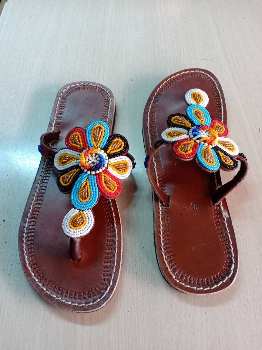Handmade African Beaded Sandals/Authentic Maasai-Style Leather Flip-Flops Women/Boho Beach Sandals/Comfortable Summer Sandal African Gifts
