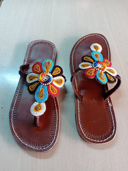 Handmade African Beaded Sandals/Authentic Maasai-Style Leather Flip-Flops Women/Boho Beach Sandals/Comfortable Summer Sandal African Gifts