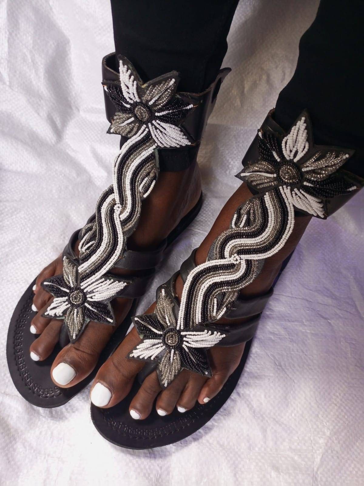 Handmade African Beaded Sandals/Authentic Maasai-Style Leather Flip-Flops Women/Boho Beach Sandals/Comfortable Summer Sandal African Gifts