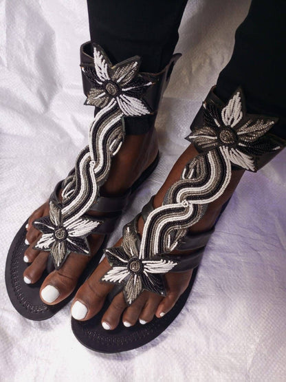 Handmade African Beaded Sandals/Authentic Maasai-Style Leather Flip-Flops Women/Boho Beach Sandals/Comfortable Summer Sandal African Gifts